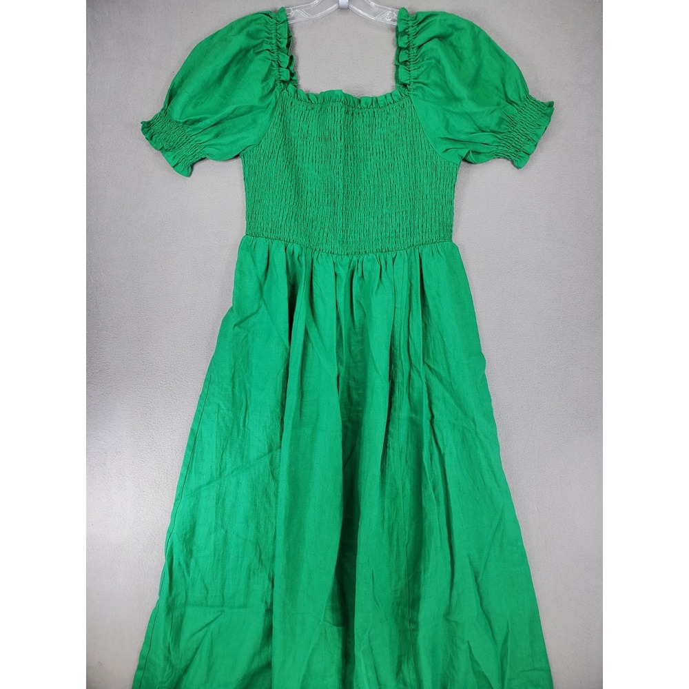 Boden Linen Smocked Maxi Dress Womens 8 Green Puff Sleeve Square Neck Pockets